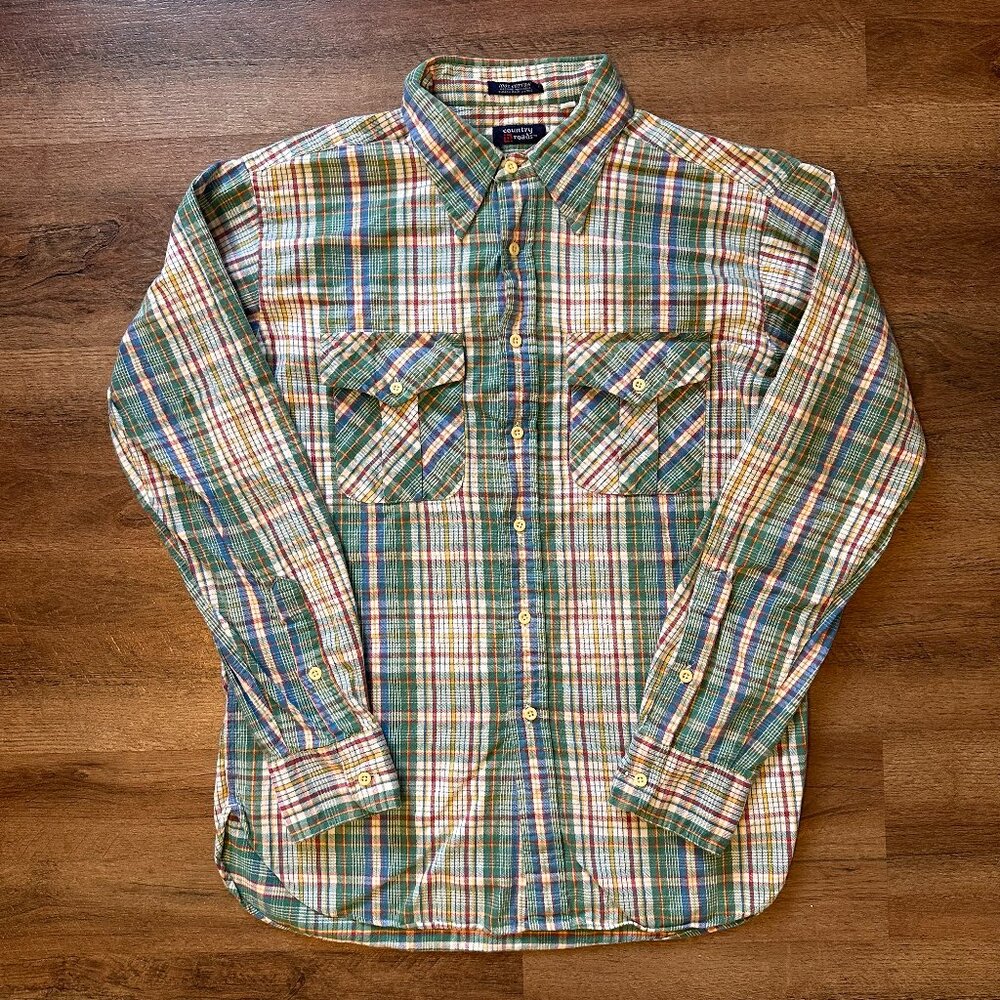 Country Roads Casual Button Down Mens Large Green Plaid Western Flannel Shirt